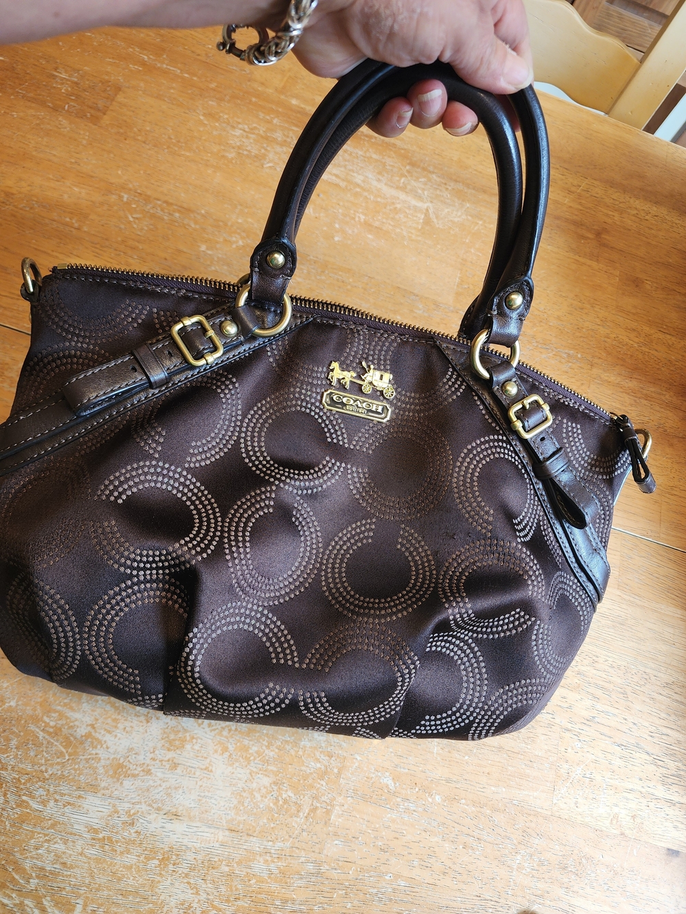 dark brown Coach Madison Dotted Op Art Sophia Satchel